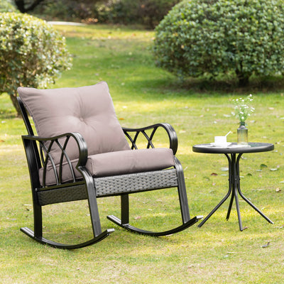 Outdoor Wicker Rocking Chair with Padded Cushions, Aluminum Furniture Rattan Porch Rocker Chair w/ Armrest for Garden, Patio, and Backyard