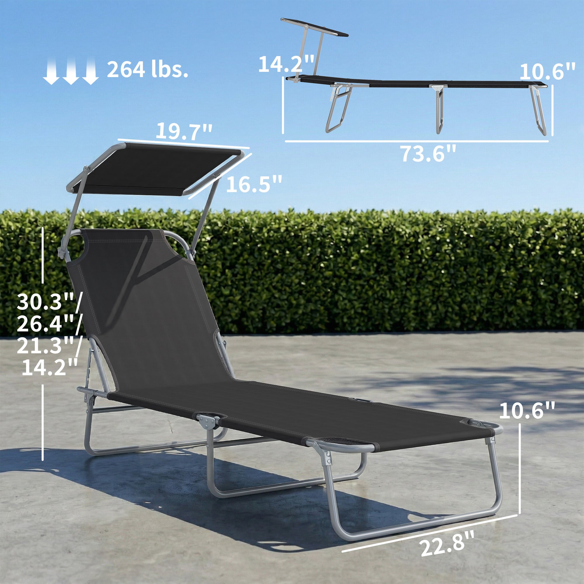 Outdoor Pool Chaise Lounge Chair, Folding Tanning Chair with Sun Shade