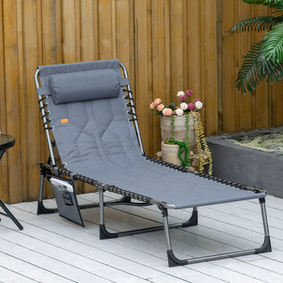 Padded Folding Chaise Lounge Chair, Outdoor 6-Level Reclining Camping Tanning Chair with Headrest for Beach, Yard, Patio, Pool