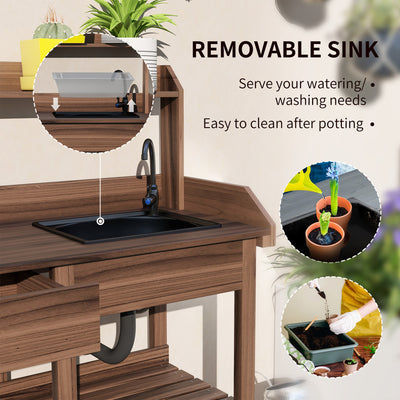 Potting Bench Table, Outdoor Garden Table Wooden Work Station with Removable Sink, Faucet, Drawer, Shelves, Hooks