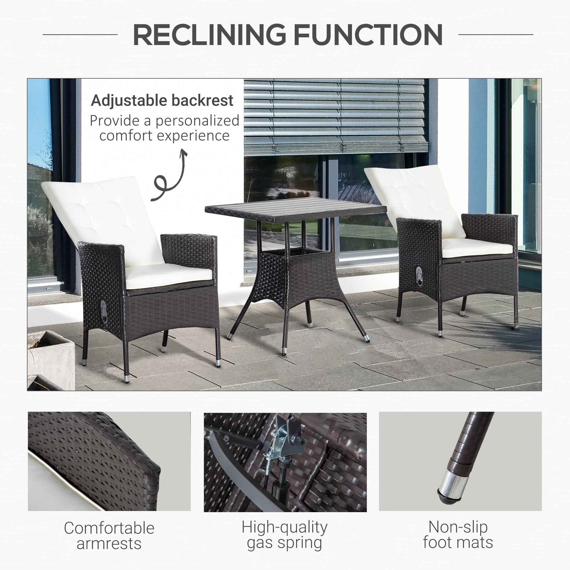 3 Piece Patio Bistro Set, PE Wicker Furniture Conversation Set w/ Tufted Cushion Reclining Chairs & Coffee Table, Cream