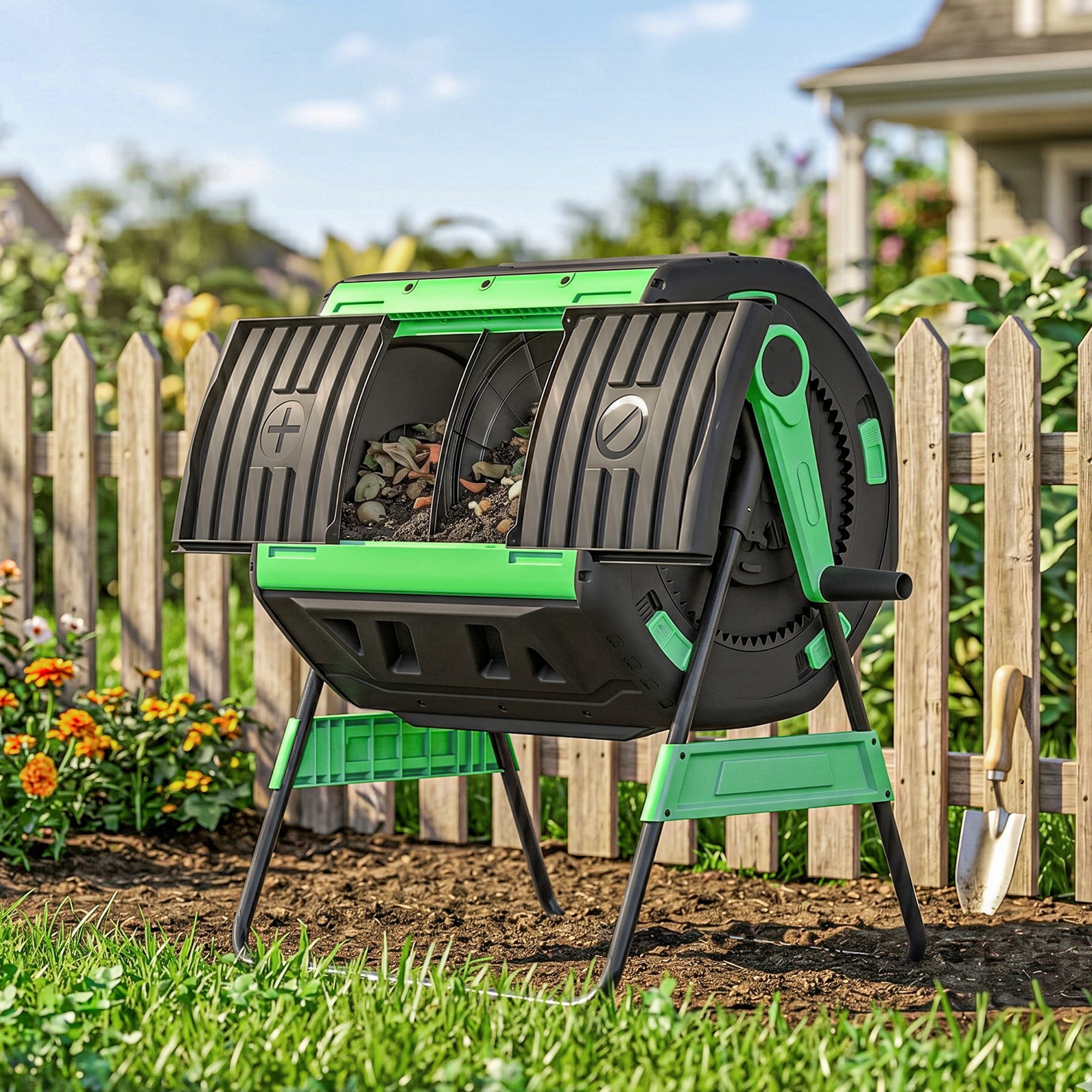 Compost Bin Outdoor, 53 Gal Dual Chamber Tumbling Composter with Adjustable Vents, BPA Free Tumbling Composter
