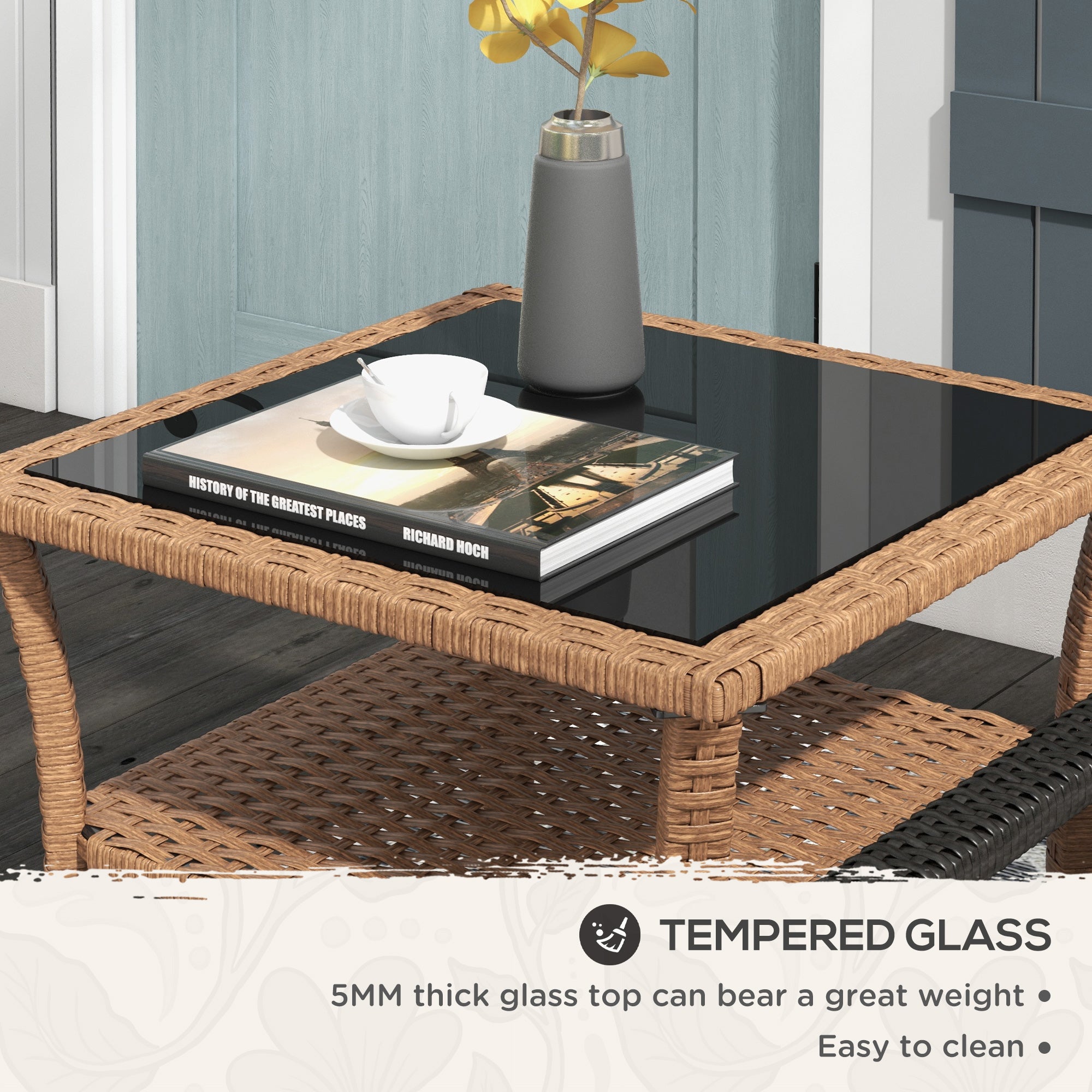 Rattan Side Table, Outdoor End Table with Storage Shelf, Aluminum Frame Square, Coffee Table with Tempered Glass Top