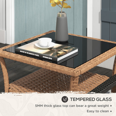 Rattan Side Table, Outdoor End Table with Storage Shelf, Aluminum Frame Square, Coffee Table with Tempered Glass Top