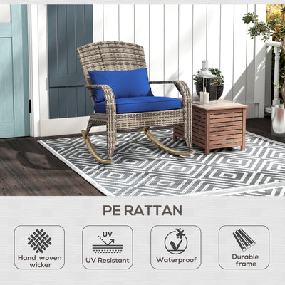 Adirondack Chair, Outdoor Wicker Rocking Chair with High Back, Seat Cushion, and Pillow for Porch, Balcony, Dark Blue