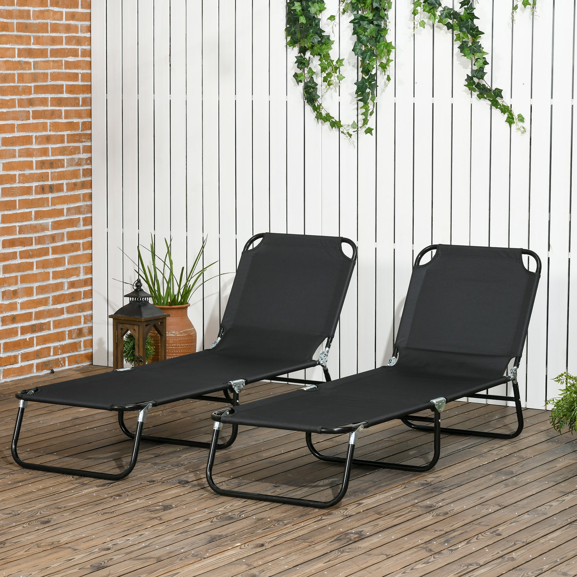 2 Piece Folding Chaise Lounge Pool Chairs, Outdoor Sun Tanning Chairs with 5-Level Reclining Back, Steel Frame for Beach, Yard, Patio