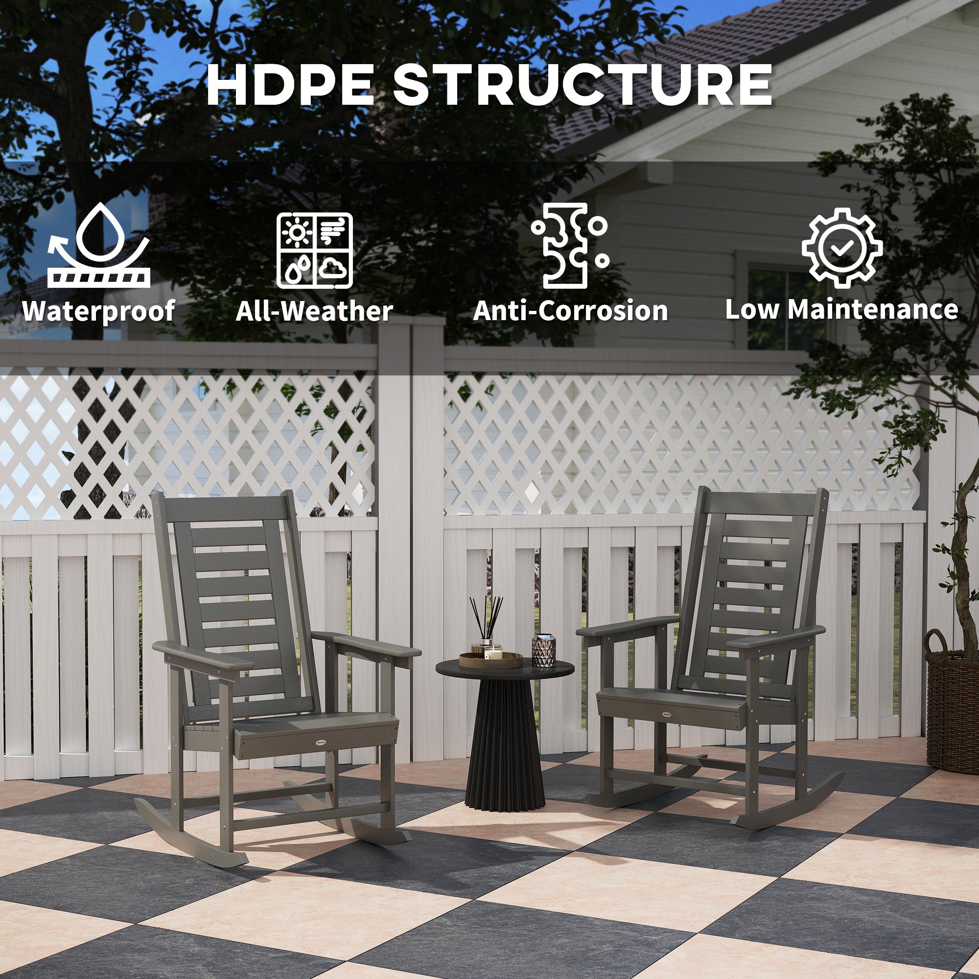 2 Pieces Outdoor Rocking Chairs, HDPE Patio Rockers with 28" High Back, Wide Armrests for Porch Backyard