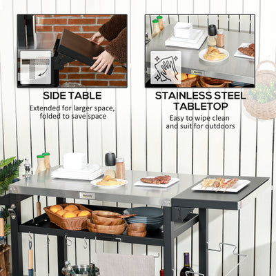 3-Shelf Outdoor Grill Cart Table with Foldable Side Table, Stainless Steel Pizza Oven Stand on Wheels, Black