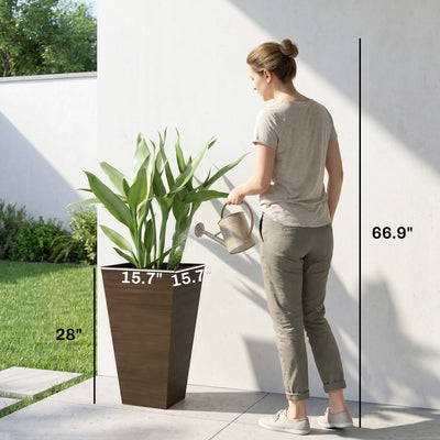Set of 3 Tall Planters, 28" Outdoor Planter w/ Drainage Holes, Faux Wood Plastic Flower Pots