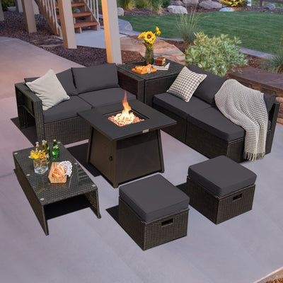 9 Piece Weatherproof Rattan Patio Conversation Set with 30 Inches Propane Fire Pit Table and Dust Covers-Gray