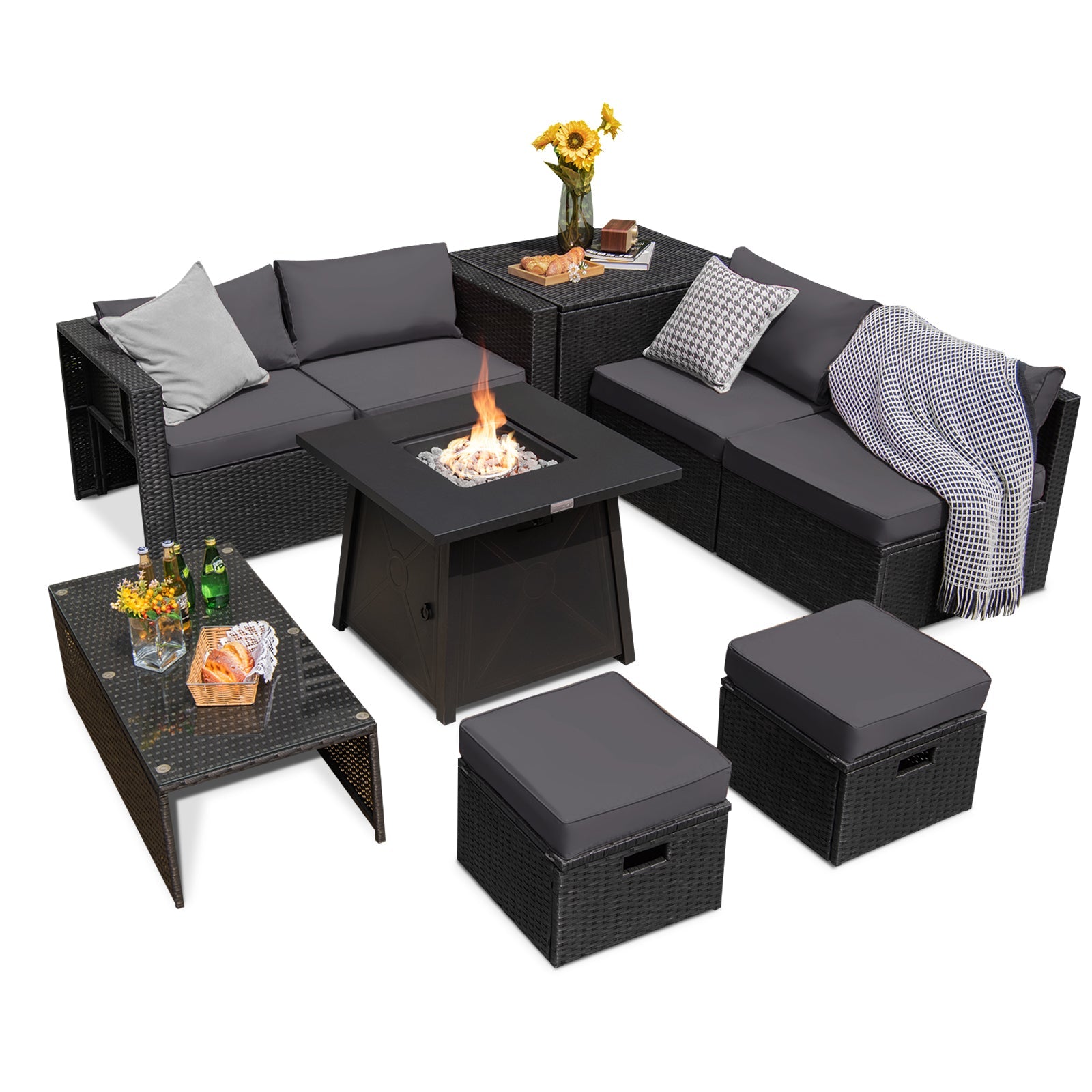 9 Piece Weatherproof Rattan Patio Conversation Set with 30 Inches Propane Fire Pit Table and Dust Covers-Gray