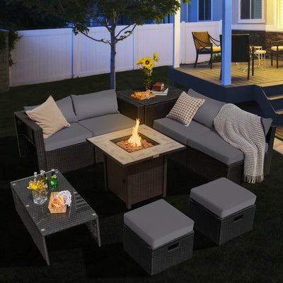 9 Pieces Outdoor PE Rattan Wicker Sectional Sofa with 42 Inch Gas Fire Pit Table