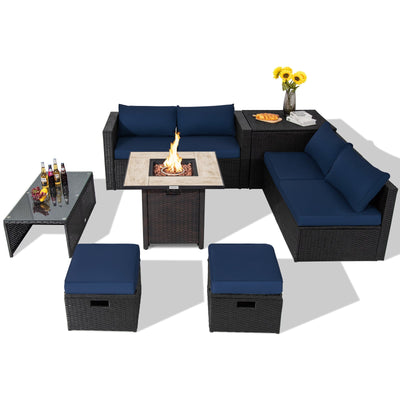 9 Pieces Outdoor PE Rattan Wicker Sectional Sofa with 42 Inch Gas Fire Pit Table