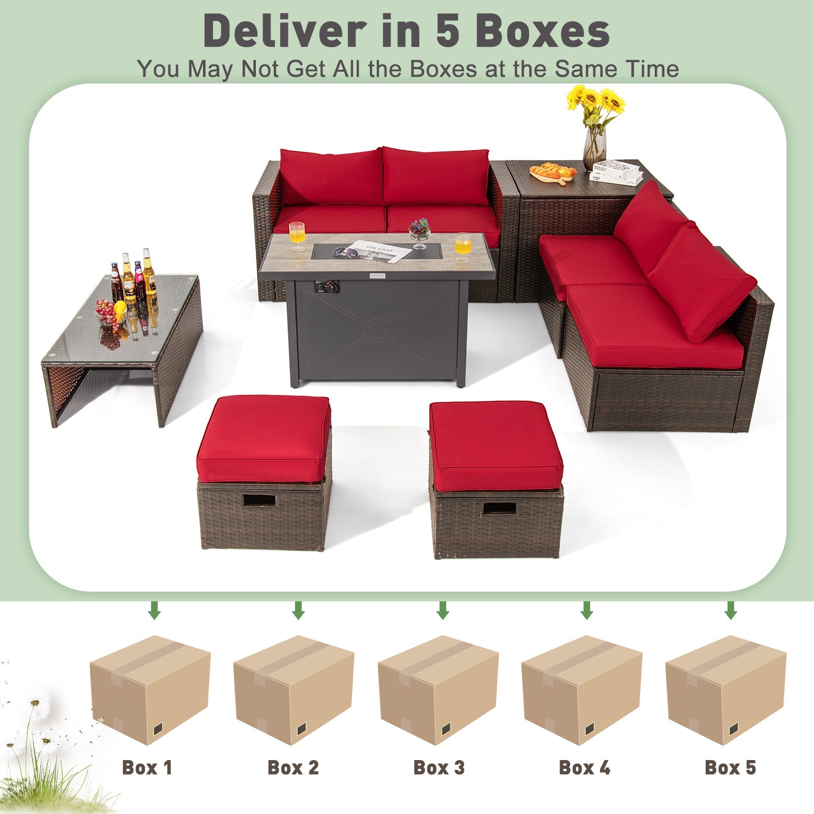 9 Pieces Outdoor Patio Furniture Set with 42 Inch Propane Fire Pit Table-Red