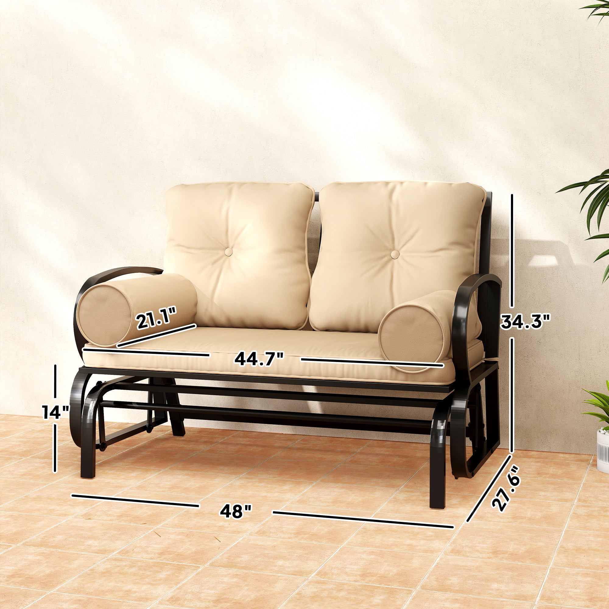 Swing Glider Rocking Chair, Double Patio Bench, 2 Person Loveseat with Steel Frame, Cushions, Pillow Armrests