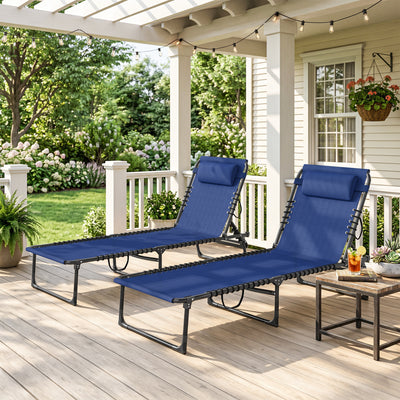 2 Folding Chaise Lounge Pool Chairs with 4-Position Reclining Back, Pillow, Breathable Mesh & Bungee Seat