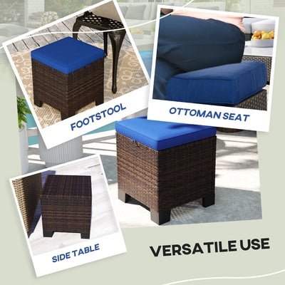 2 Piece Wicker Outdoor Ottomans with Cushions, Rattan Ottoman Footrest and Side Table for Patio, Yard, Poolside