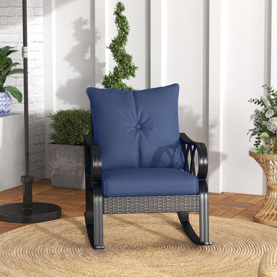Outdoor Wicker Rocking Chair with Padded Cushions, Aluminum Furniture, Rattan Porch Rocker Chair w/ Armrest, Navy Blue