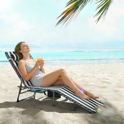 Folding Outdoor Chaise Lounge Chair Tanning Chair with 5-Level Adjustable Back, Side Table, Pillow, Pocket