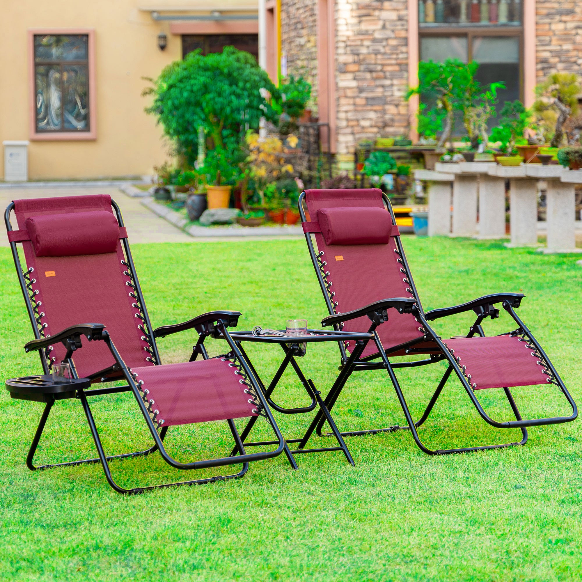 Zero Gravity Chair Set with Side Table, Folding Reclining Chair with Cupholders & Pillows, Adjustable Lounge Chairs for Pool, Backyard, Lawn, Beach