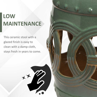 14" x 17" Ceramic Garden Stool with Double-Coin Knotted Ring Design & Strong Glazed Material, Decorative End Table, Home Collection