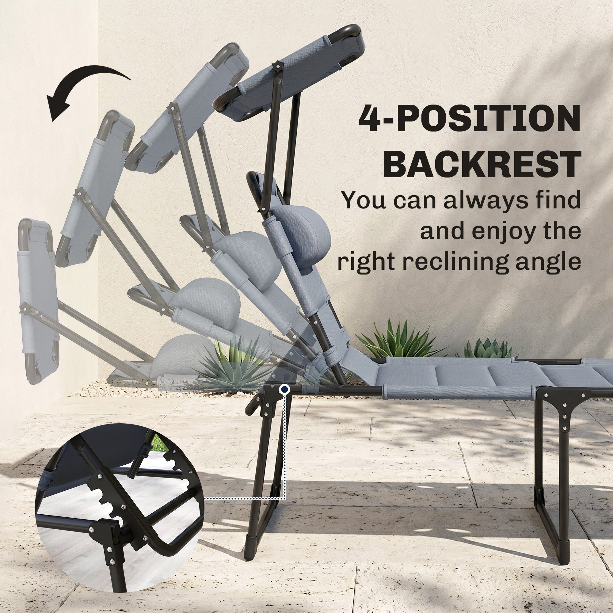 Outdoor Lounge Chair, 4 Position Adjustable Backrest, Folding, Cushioned w/ Sun Shade Roof & Pillow
