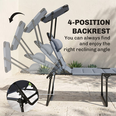 Outdoor Lounge Chair, 4 Position Adjustable Backrest, Folding, Cushioned w/ Sun Shade Roof & Pillow