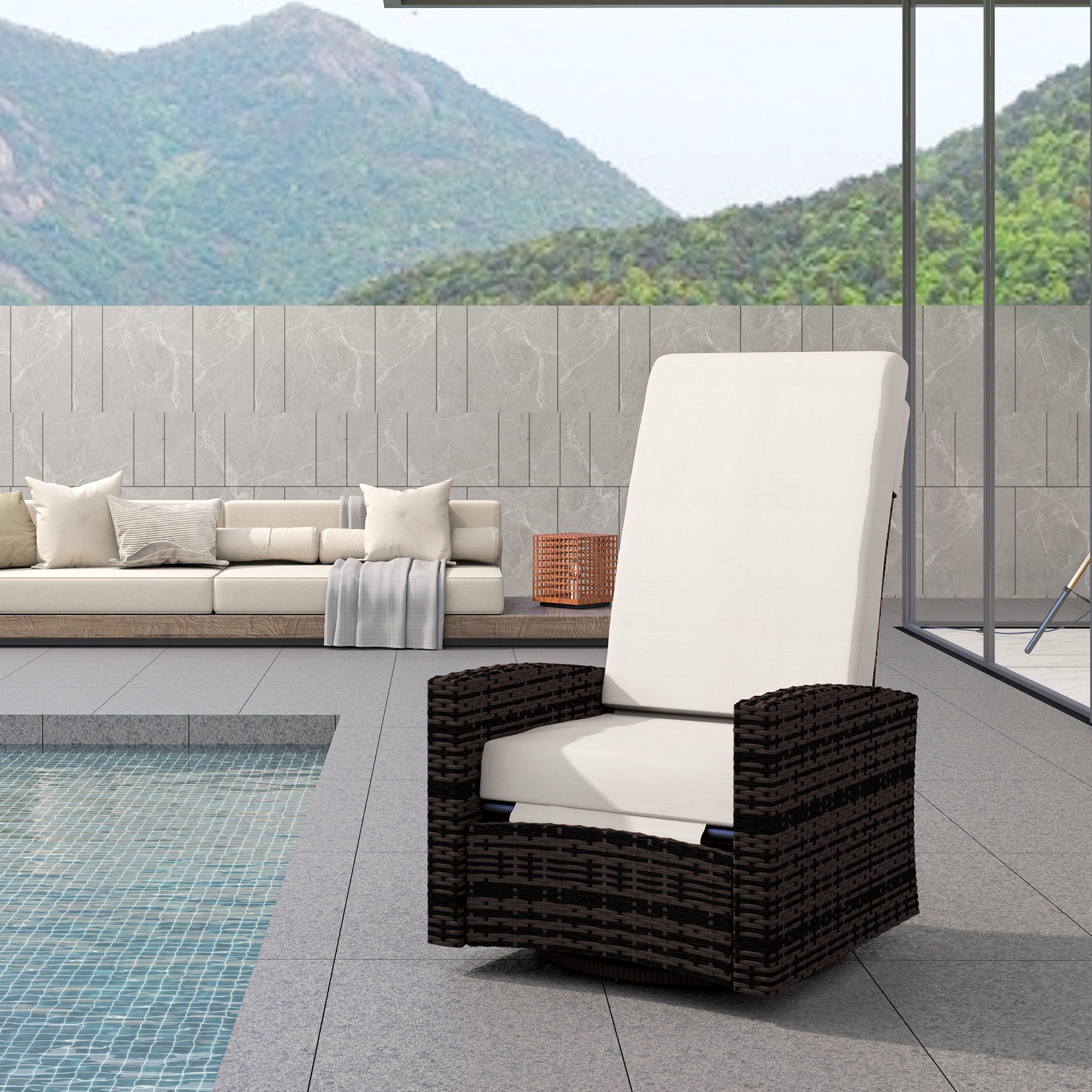 Outdoor Wicker Swivel Recliner Chair, Lifting Footrest, 360° Rotating Basic, Water-resistant Cushions, Dark