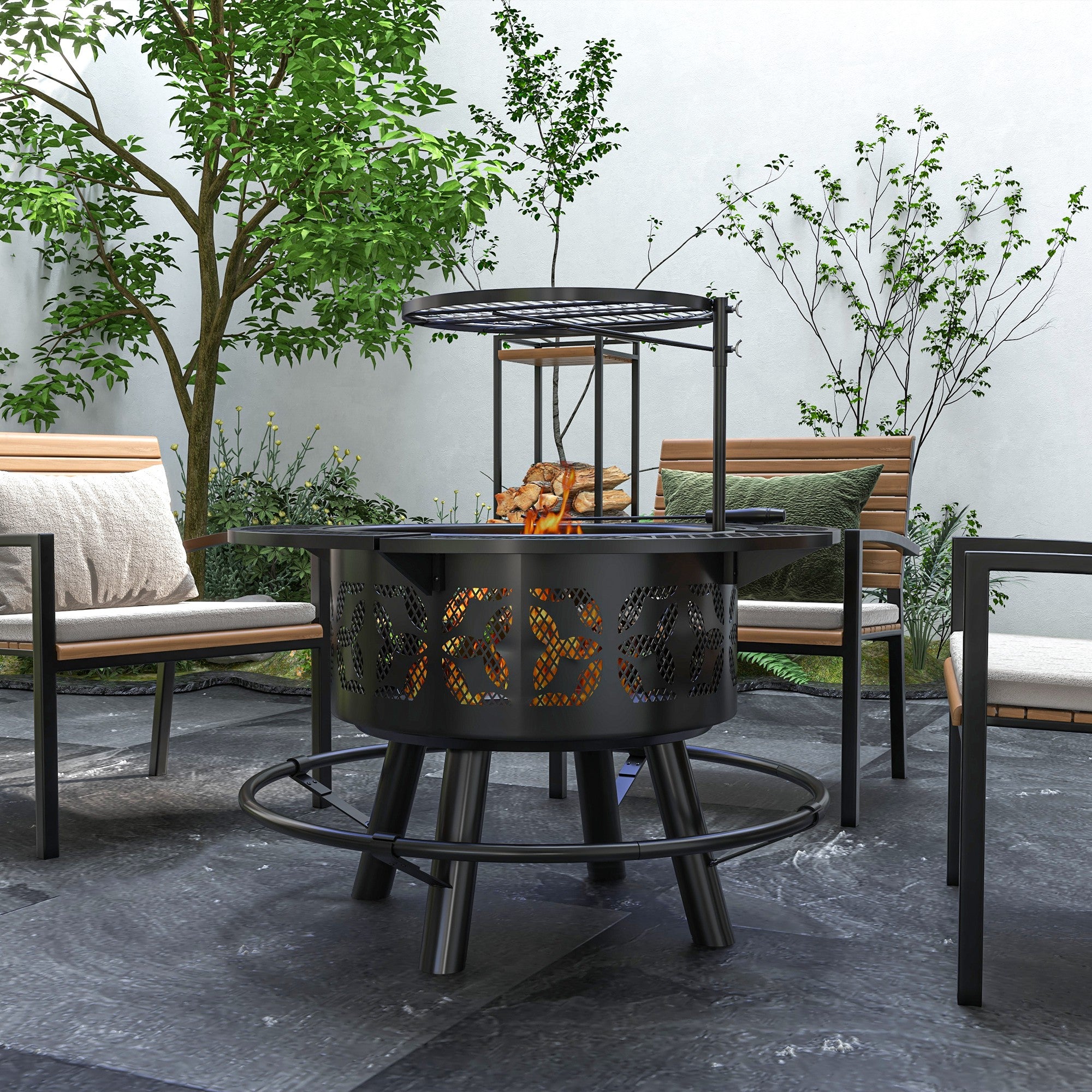 Wood Burning Fire Pit, Charcoal BBQ Grill, Portable Firepit with Cooking Grate, Pan, and Poker, 33", Black