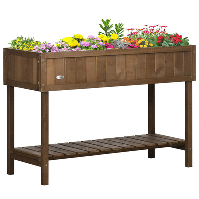 Wooden Raised Garden Bed, Elevated Planter Box Stand with 8 Slots and Open Shelf, Dark