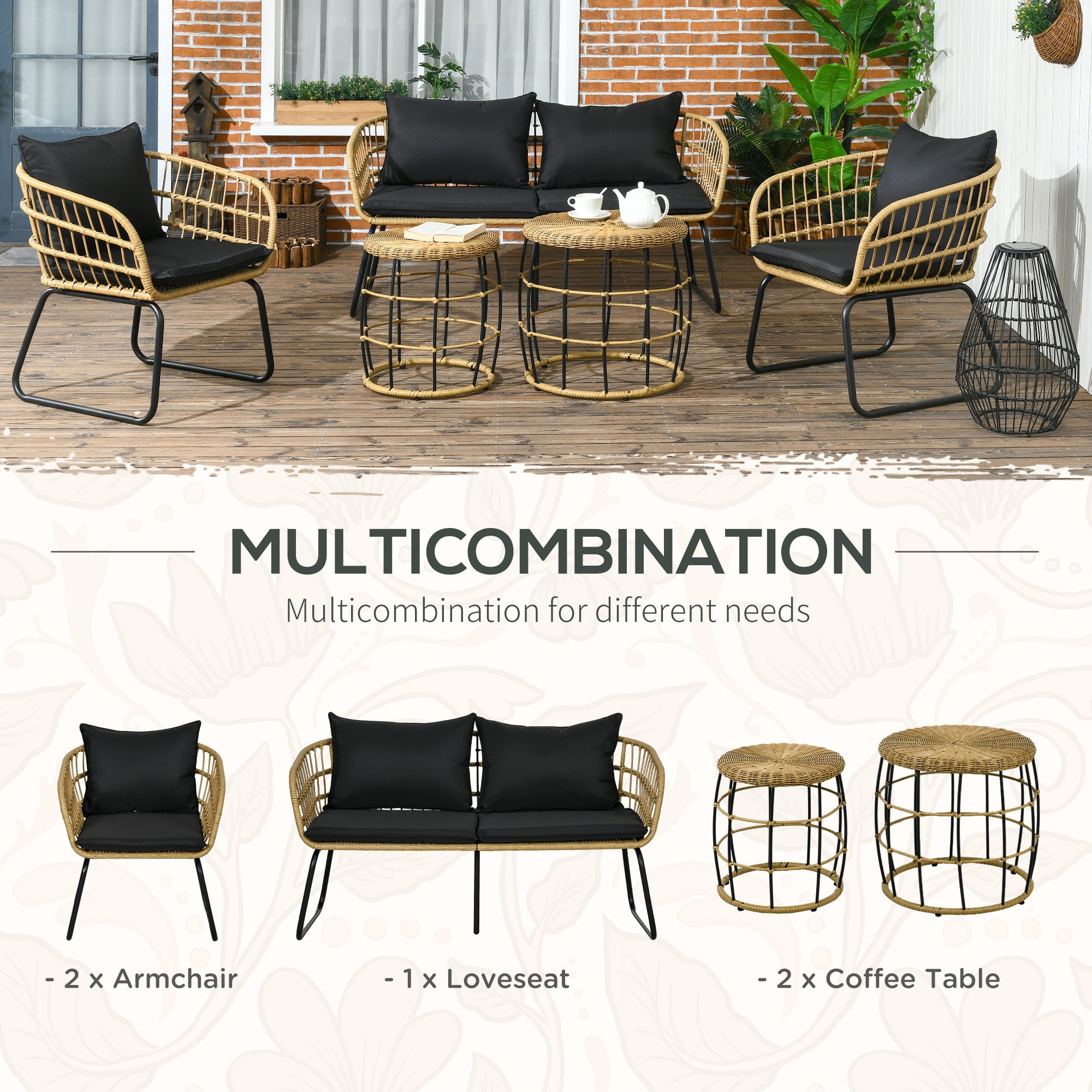5 Piece PE Rattan Outdoor Furniture Set with Cushioned Chairs, Loveseat Sofa & Stackable Coffee Tables