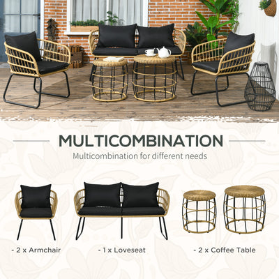 5 Piece PE Rattan Outdoor Furniture Set with Cushioned Chairs, Loveseat Sofa & Stackable Coffee Tables