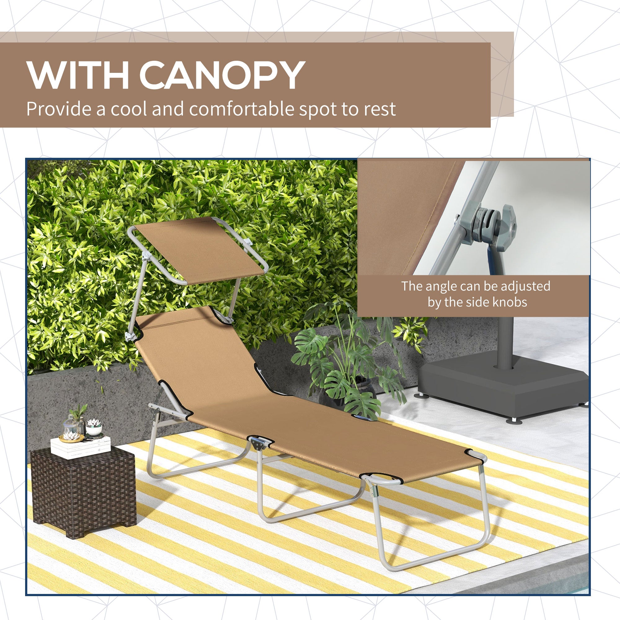 Outdoor Pool Chaise Lounge Chair, Folding Tanning Chair with Sun Shade