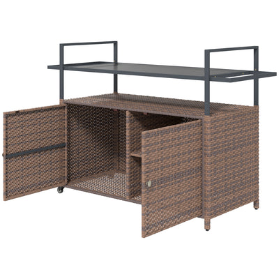 2-Tier Shelf PE Rattan Outdoor Bar Table, Glass Top Outdoor Serving Cart with Cabinet