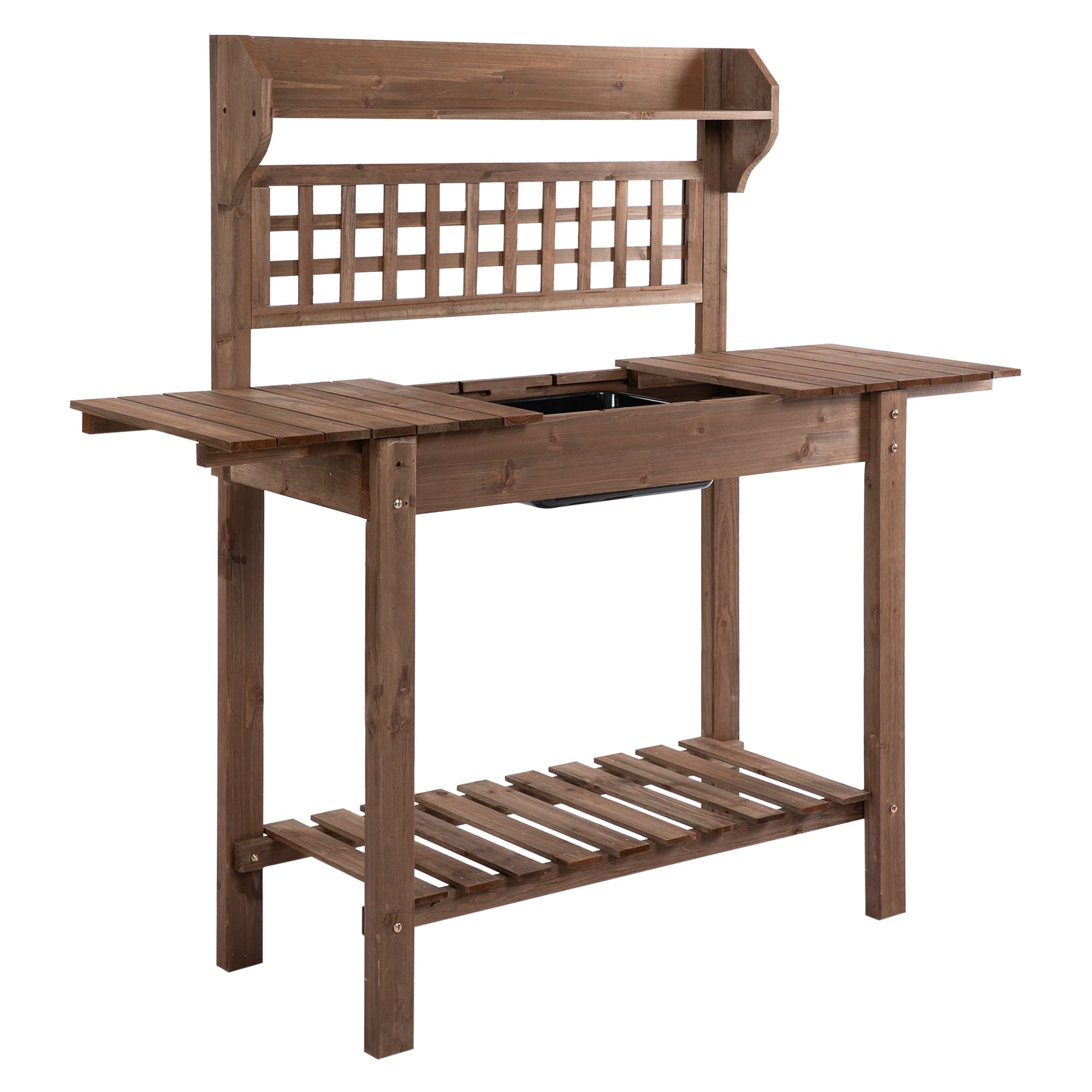 Outdoor Potting Bench Table, Wooden Workstation with Sliding Tabletop, Storage Shelf and Dry Sink, for Greenhouse, Garden, Patio