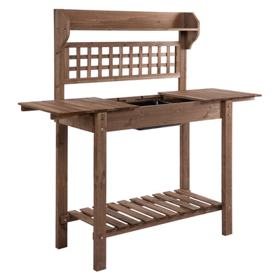 Outdoor Potting Bench Table, Wooden Workstation with Sliding Tabletop, Storage Shelf and Dry Sink, for Greenhouse, Garden, Patio