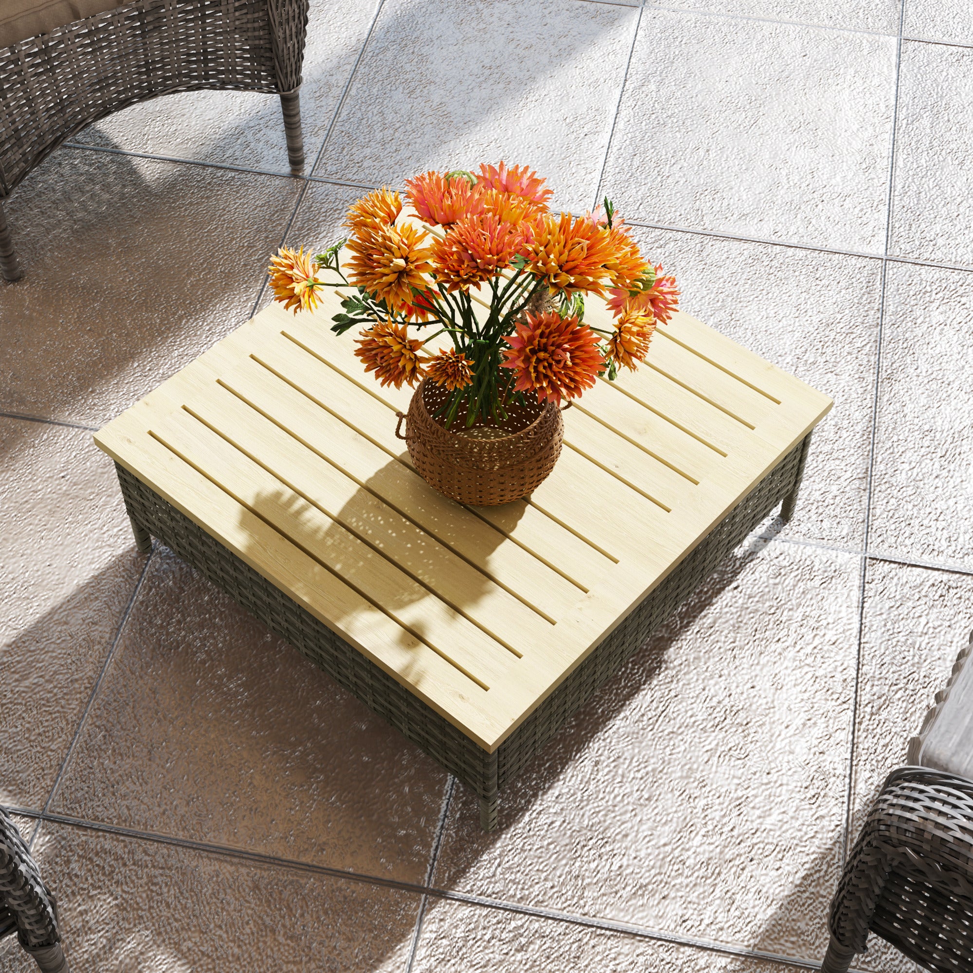 Outdoor Side Table with PE Rattan, Patio End Table with Natural Fir Wood Top, Weather Resistant Accent Table for Patio Pool Porch, Gray