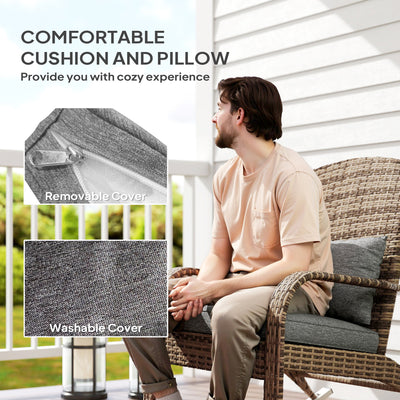 Adirondack Chair, Outdoor Wicker Rocking Chair with High Back, Seat Cushion, and Pillow for Porch, Balcony