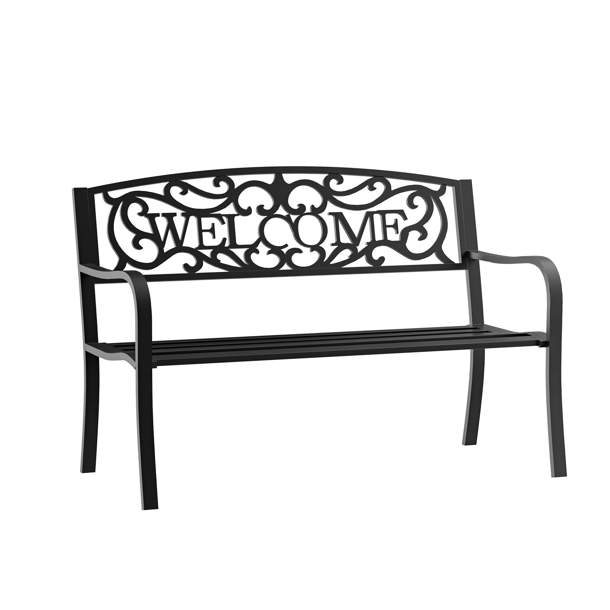 50" 2-Person Garden Bench Loveseat with Cast Iron Decorative Welcome Vines, Outdoor Patio Bench for Backyard, Porch, Entryway