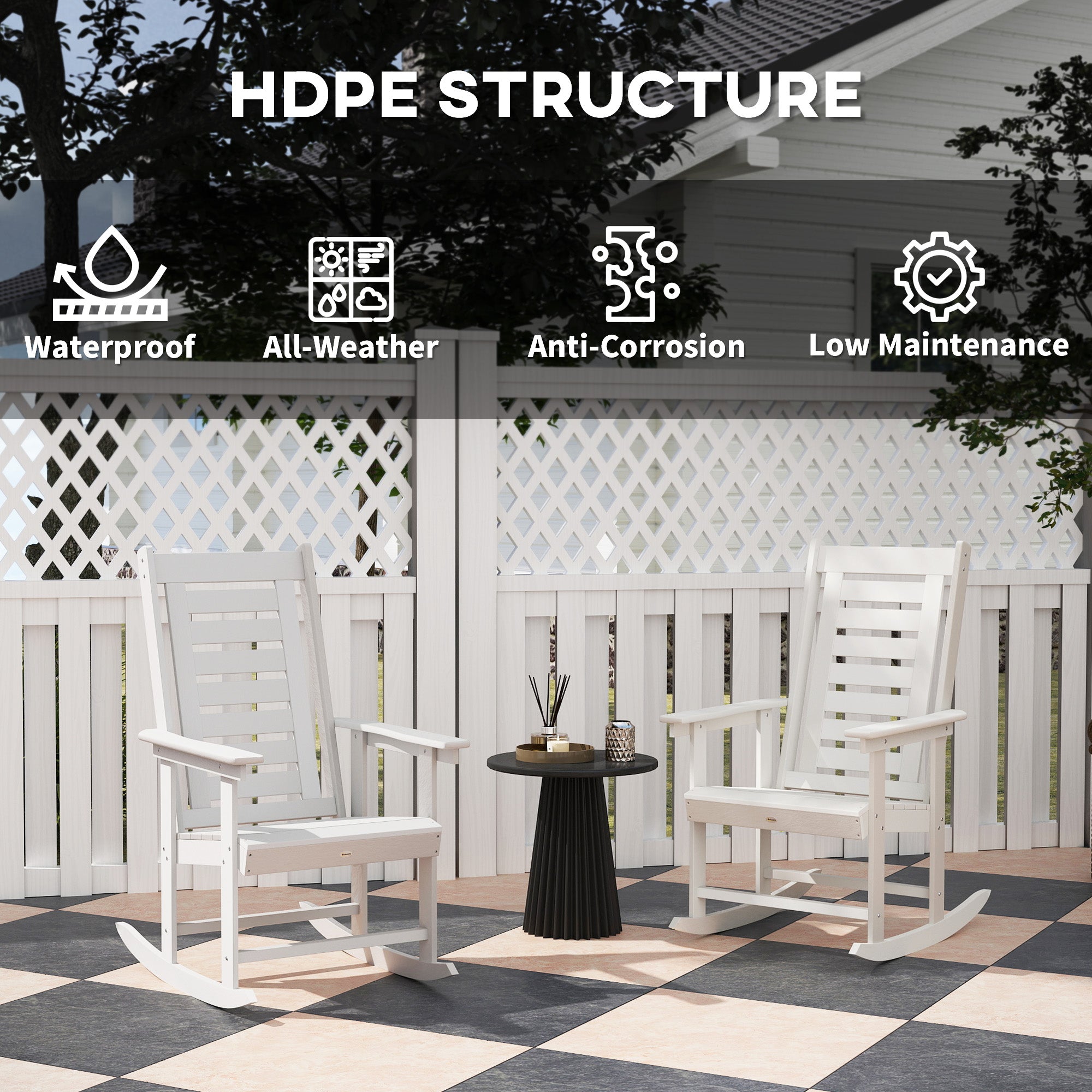 2 Pieces Outdoor Rocking Chairs, HDPE Patio Rockers with 28" High Back, Wide Armrests for Porch Backyard