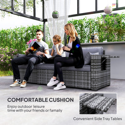 3 Seater Wicker Sofa with Side Trays, Outdoor Patio Couch with 6" Thick Back Cushions, Deep Seating, Mixed Gray