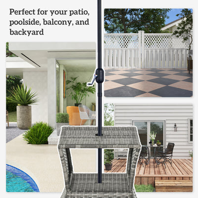 Outdoor Side Table with Umbrella Hole, 2 Tier Rattan Wicker End Table with Storage Shelf, All Weather for Patio, Garden, Backyard, Mixed Gray