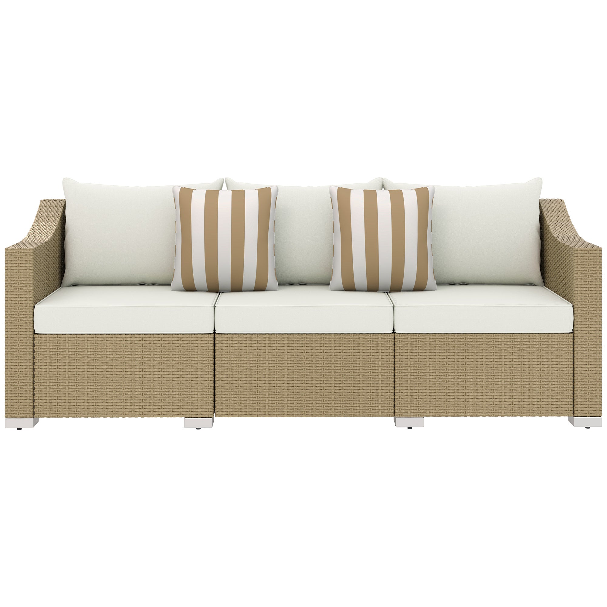 Rattan Wicker 3 Seater Patio Couch with Cushions, 2 Throw Pillows, Outdoor Furniture Rattan Sofa
