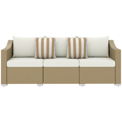 Rattan Wicker 3 Seater Patio Couch with Cushions, 2 Throw Pillows, Outdoor Furniture Rattan Sofa