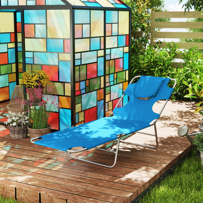 Tanning Chair with Face Hole, 5-Level Adjustable Outdoor Chaise Lounge Chair with Pillow for Beach, Pool