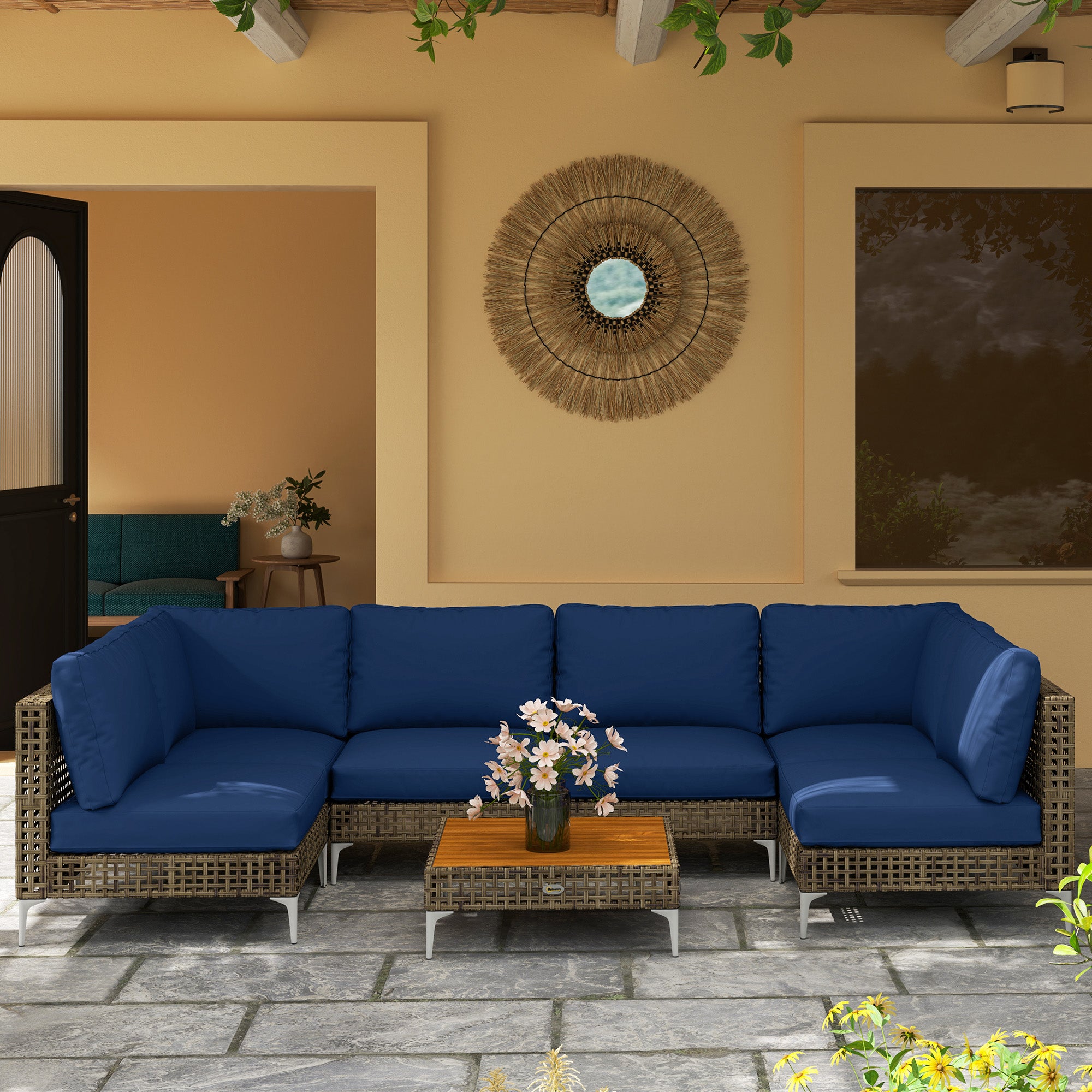 7 Piece Wicker Patio Furniture Set, Modular Outdoor Sectional with Thickened Cushions, Acacia Wood Table