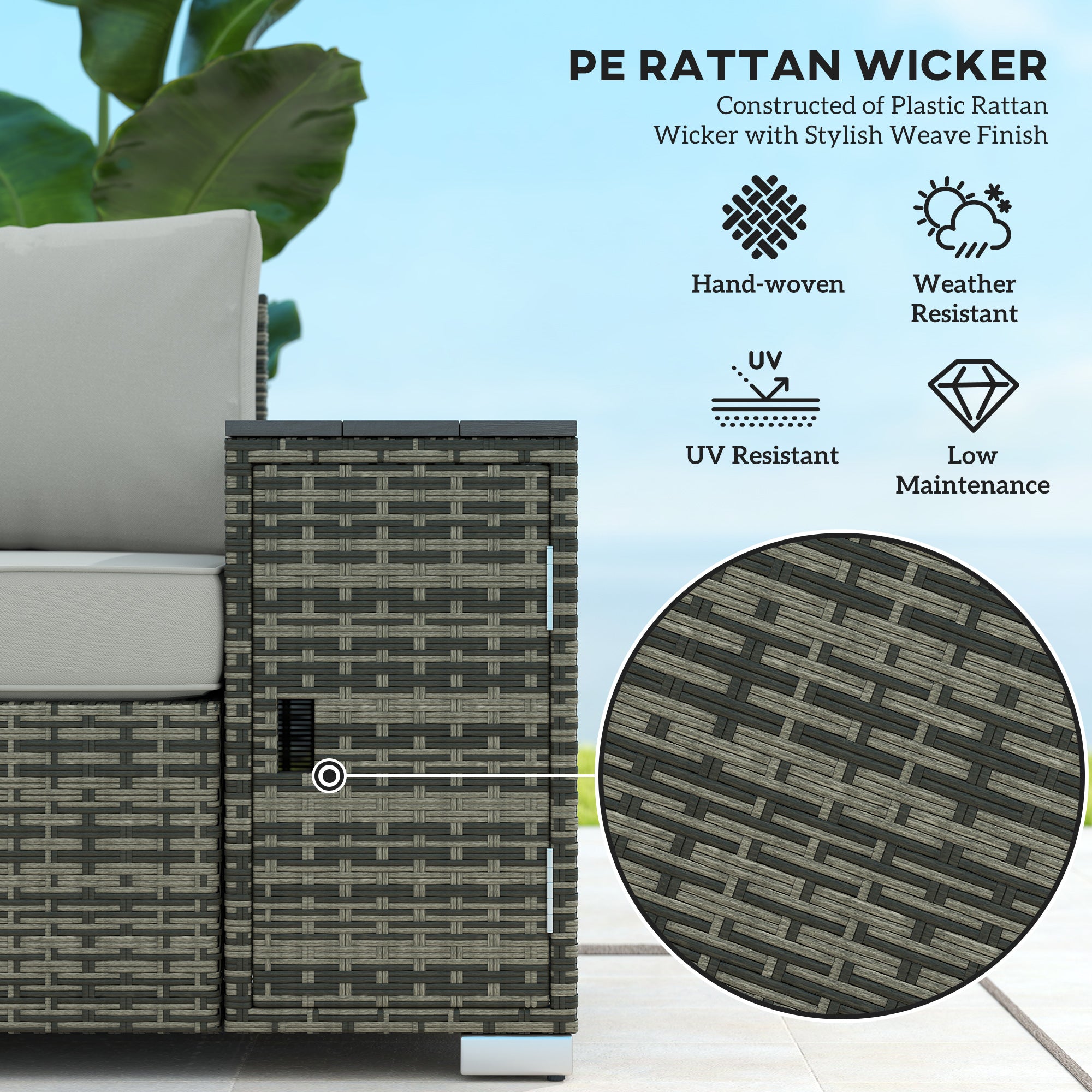 3 Seater Wicker Outdoor Couch Patio Sofa with Storage, Thickened Cushions and Wide Armrests for Porch Yard, Gray