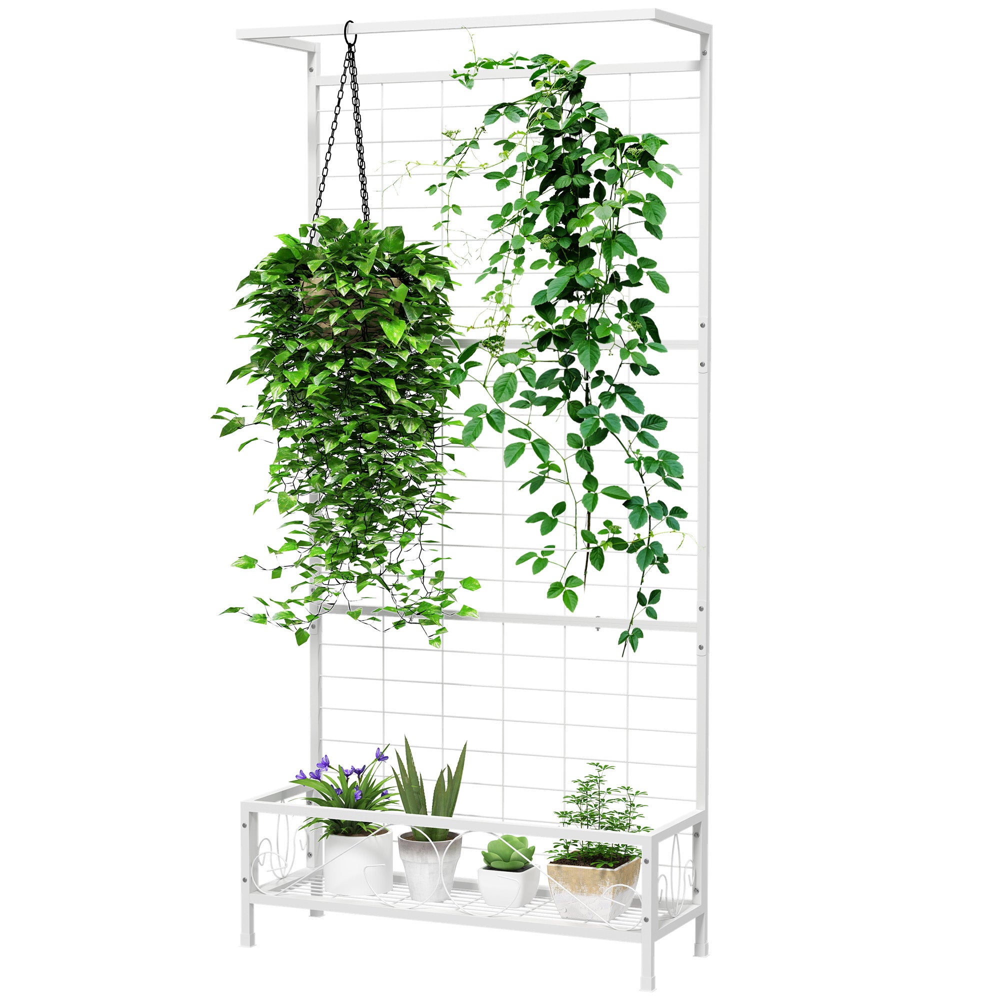 Metal Tall Plant Stand with Trellis and Hanging Bar, Plant Holder for Indoor Outdoor Use, 35" x 12.8" x 74", White