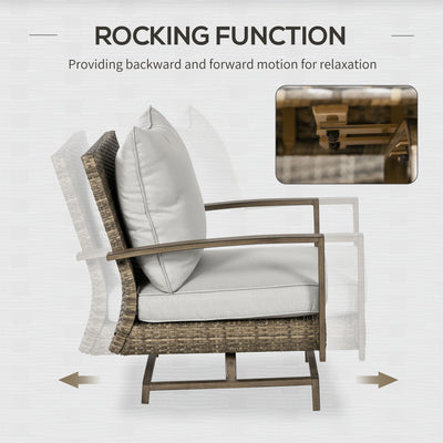 4 Piece Wicker Patio Furniture Set with 2 Rocking Chairs, Loveseat Sofa, Outdoor PE Rattan Conversation Set with Cushions, Aluminum Table for Porch, Poolside, Light Gray