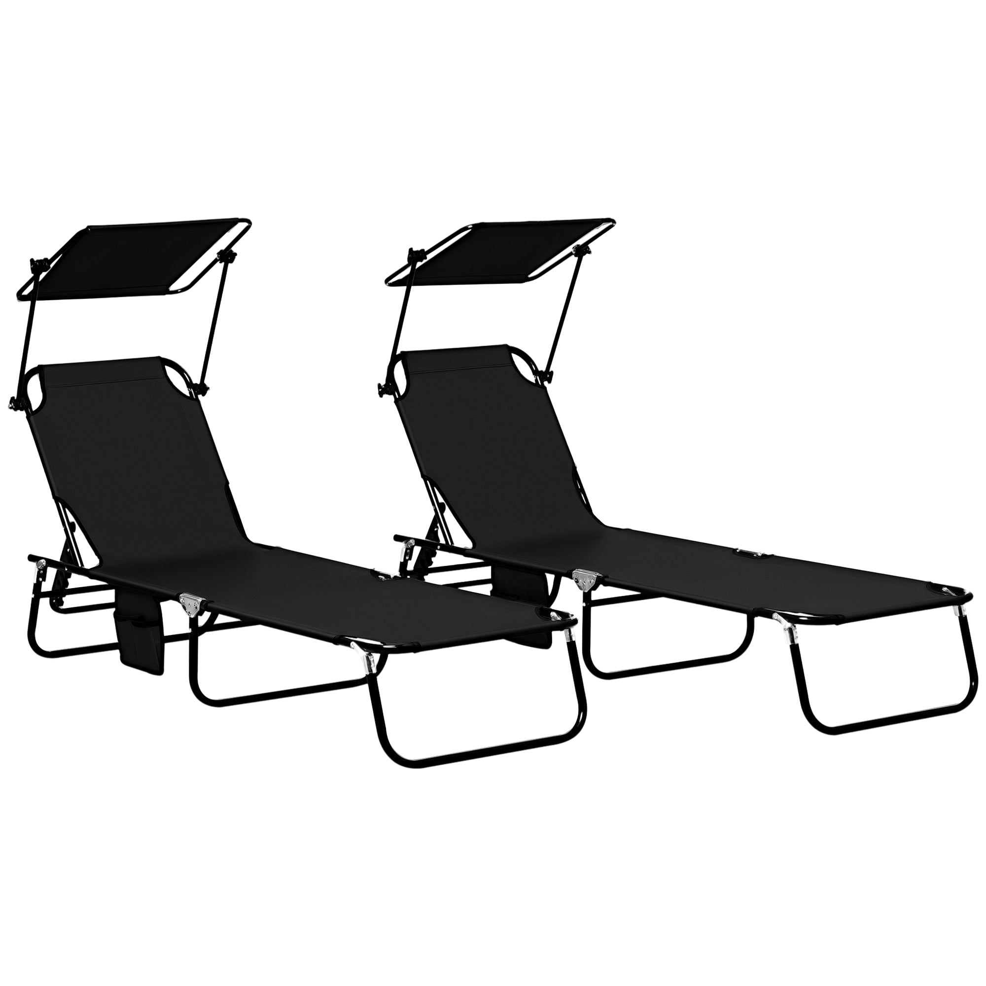 Chaise Pool Lounge Chairs Set of 2, Outdoor Sun Tanning Chairs, Reclining Back, Steel Frame and Side Pocket